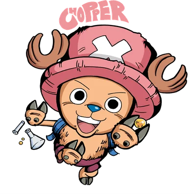 Hình vẽ hoạt hình nhân vật Tony Tony Chopper đội mũ hồng, tay cầm lọ thuốc, biểu cảm vui vẻ.