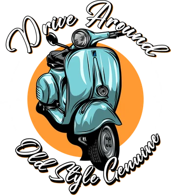 Hình minh họa xe tay ga cổ điển màu xanh ngọc với dòng chữ Drive Around phong cách retro