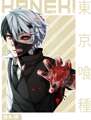 Hình ảnh nhân vật anime với một nửa khuôn mặt bình thường, nửa còn lại bị biến đổi với mắt đỏ và đeo mặt nạ, tay nhuốm máu.