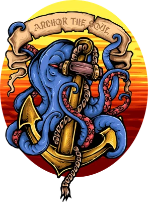Hình minh họa bạch tuộc xanh ôm chặt neo vàng, có dải băng chữ 'ANCHOR THE SOUL' phía trên, nền hoàng hôn.