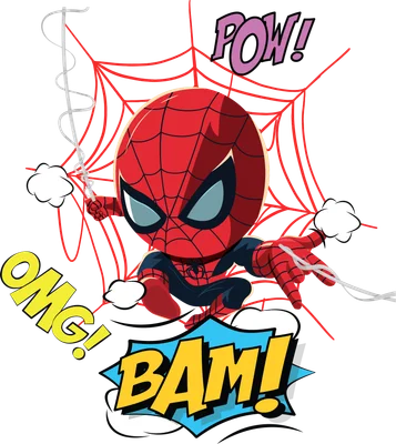 Hình ảnh chibi Người Nhện đang đu tơ, với các hiệu ứng âm thanh 'POW!', 'OMG!', 'BAM!' xung quanh.