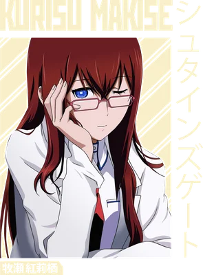 Hình ảnh Kurisu Makise, nhân vật anime với tóc đỏ, đeo kính, mặc áo blouse trắng, nháy mắt.