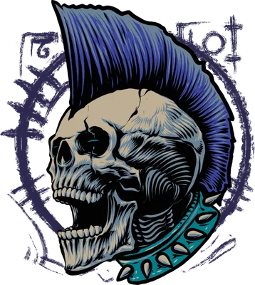 Hình minh họa đầu lâu phong cách punk rock, tóc mohawk xanh dương và vòng cổ đinh tán, thiết kế đồ họa cá tính.