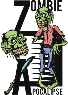 Hình minh họa hai zombie xanh lá cây đáng sợ, một zombie cầm dao, với chữ Z.A.Pocalypse lớn phía sau.