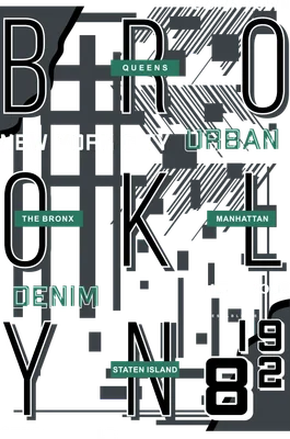 Thiết kế typography chữ Brooklyn lớn màu đen trắng trên nền xám, kèm các từ khóa New York City, Urban, Queens, The Bronx, Manhattan, Staten Island, 1982.