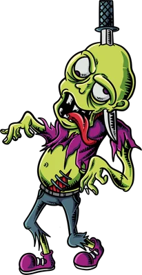 Hình vẽ zombie màu xanh lá cây với biểu cảm hài hước, dao găm cắm xuyên đầu, lưỡi thè ra, mặc áo tím rách và quần jean.