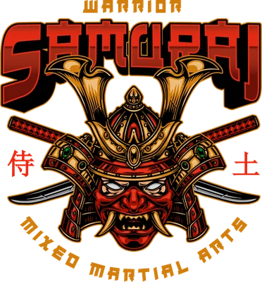 Hình in mặt nạ Samurai với kiếm Nhật và chữ thư pháp, phong cách đồ họa mạnh mẽ