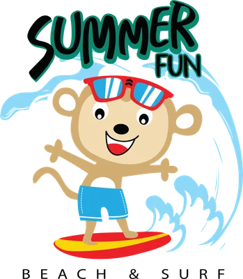 Hình vẽ chú khỉ con đeo kính râm đang lướt sóng vui vẻ với dòng chữ Summer Fun