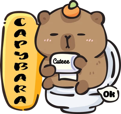 Capybara dễ thương ngồi trong cốc, cầm biển 'Cuteee' phong cách chibi