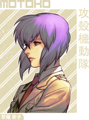 Chân dung nhân vật nữ Motoko Kusanagi với mái tóc tím và xám, mặc áo khoác, phong cách anime.