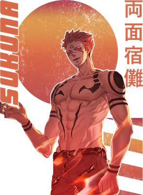 Hình vẽ Ryomen Sukuna, nhân vật anime với cơ bắp săn chắc, hình xăm đen trên người, tóc đỏ, mắt đỏ, đứng trước nền màu cam và xám.
