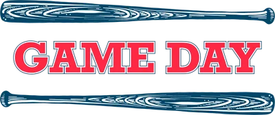 Dòng chữ 'GAME DAY' màu đỏ viền trắng, hai bên là hình ảnh gậy bóng chày màu xanh dương trên nền xám.