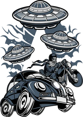 Biker lái xe cổ điển bị UFO bắt cóc phong cách hoạt hình