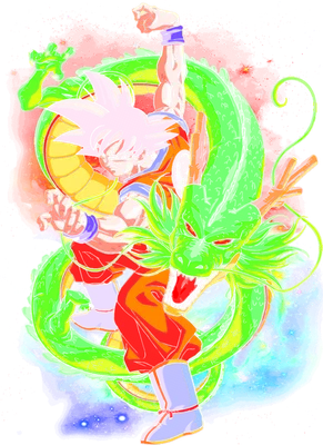 Hình ảnh Goku và Thần Rồng Shenron trong tư thế chiến đấu, với nền vũ trụ đầy sao.