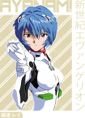 Hình ảnh Rei Ayanami trong bộ đồ Evangelion, tóc xanh, mắt đỏ, phong cách anime.