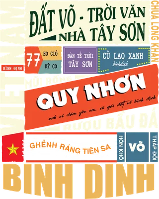 Hình ảnh typography tổng hợp các địa danh, đặc sản và văn hóa tỉnh Bình Định, Việt Nam với nhiều phông chữ và màu sắc khác nhau.