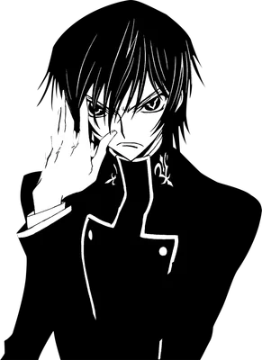 Hình vẽ nhân vật anime nam với mái tóc đen, ánh mắt sắc sảo, tay che mặt, mặc áo khoác đen.