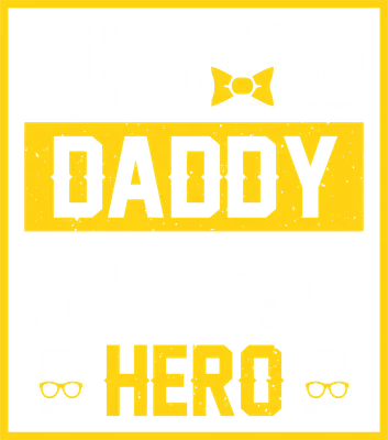 Hình ảnh typography với dòng chữ 'HUSBAND DADDY PROTECTOR HERO' màu trắng và vàng trên nền xám, kèm nơ và mũ kính râu.