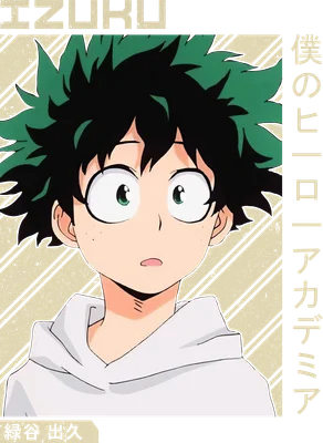 Hình ảnh nhân vật anime Izuku Midoriya với mái tóc xanh lá, đôi mắt mở to và biểu cảm ngạc nhiên, mặc áo hoodie trắng.
