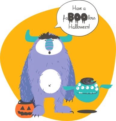 Hình ảnh minh họa quái vật màu tím và xanh lá cây với bí ngô, có bong bóng thoại chúc mừng Halloween.