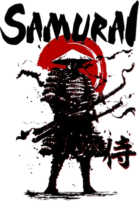 Hình ảnh chiến binh Samurai mặc giáp, đội nón, cầm kiếm, dưới ánh trăng đỏ và khói đen.