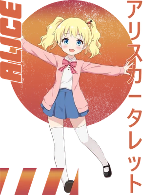 Hình ảnh cô bé anime tóc vàng hai bím, mặc áo khoác hồng, váy xanh, đi tất trắng, đứng trước nền tròn màu cam và xám.
