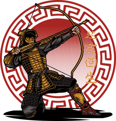 Hình minh họa chiến binh Samurai Nhật Bản đang giương cung tên với họa tiết vòng tròn đỏ phía sau