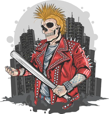 Hình ảnh bộ xương đội tóc giả mohawk, mặc áo khoác da đinh tán, cầm gậy bóng chày, với hình ảnh thành phố và mặt trăng phía sau.