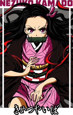 Hình ảnh Nezuko Kamado, nhân vật anime với mái tóc đen dài, trang phục hồng và băng ngậm miệng.