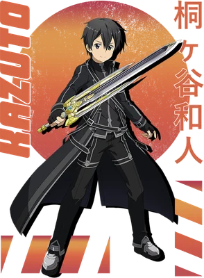 Nhân vật Kirito từ Sword Art Online, mặc trang phục đen, cầm kiếm vàng, đứng trên nền xám cam.