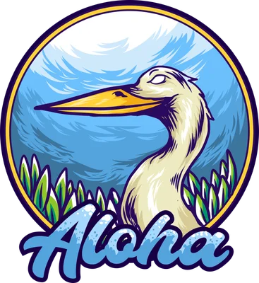 Hình minh họa chim diệc trắng mỏ vàng trong khung tròn, nền biển xanh và cây cỏ, chữ Aloha màu xanh dương.