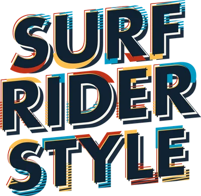 Chữ "Surfrider Style" với hiệu ứng 3D, màu sắc nổi bật, phong cách retro.