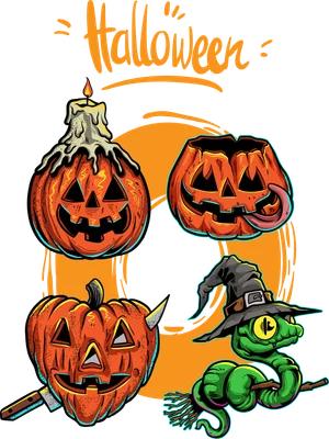 Hình ảnh minh họa các quả bí ngô Halloween với biểu cảm khác nhau và một chú rắn đội mũ phù thủy.