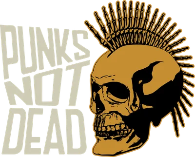 Hình minh họa đầu lâu phong cách punk rock màu vàng đen với mohawk xương và dòng chữ 'PUNKS NOT DEAD' trên nền xám.