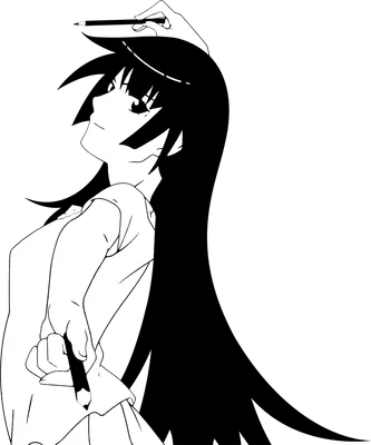 Hình vẽ anime cô gái tóc đen dài, mặc áo trắng, cầm bút chì trên đầu và tay, nhìn nghiêng.