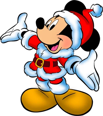 Hình ảnh Mickey Mouse hoạt hình mặc đồ Ông già Noel màu đỏ trắng, đang mỉm cười và dang tay chào đón.