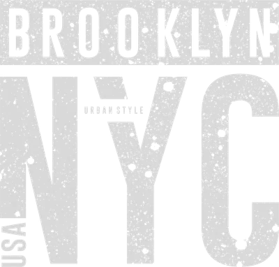 Hình ảnh chữ Brooklyn NYC phong cách grunge màu xám trắng, với hiệu ứng sần sùi và dòng chữ Urban Style, USA.