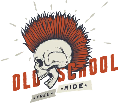Hình minh họa đầu lâu với kiểu tóc mohawk màu đỏ cam, miệng há to, cùng dòng chữ 'OLD SCHOOL FREE RIDE' phong cách vintage.