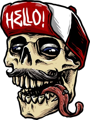 Hình minh họa đầu lâu hoạt hình đội mũ đỏ trắng có chữ 'HELLO!', ria mép, mắt xanh và lưỡi thè ra.