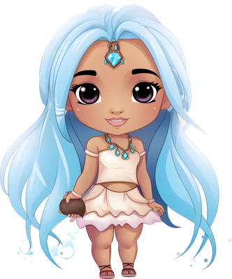 Hình vẽ cô gái chibi tóc xanh dương dài, da nâu, mặc váy trắng, đeo vòng cổ ngọc lam, cầm quả dừa, phong cách hoạt hình dễ thương.