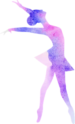 Hình ảnh silhouette vũ công ballet với hiệu ứng màu nước tím và hồng, đang thực hiện động tác múa.