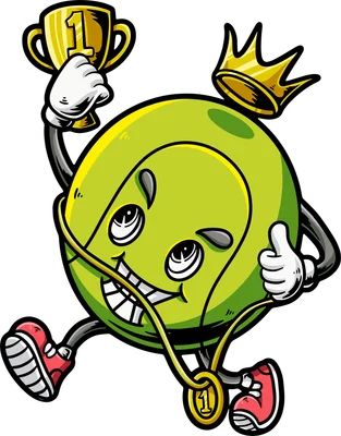 Hình vẽ hoạt hình quả bóng tennis màu xanh lá cây đang chạy, đội vương miện, cầm cúp vàng và đeo huy chương số 1.