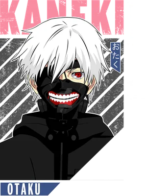 Hình vẽ Kaneki Ken từ Tokyo Ghoul với mái tóc trắng, đeo mặt nạ răng sắc nhọn và đôi mắt đỏ.