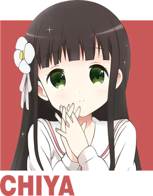 Hình ảnh cô gái anime với mái tóc đen dài, mắt xanh lá to tròn, đang che miệng bằng hai tay, có hoa trắng cài tóc.
