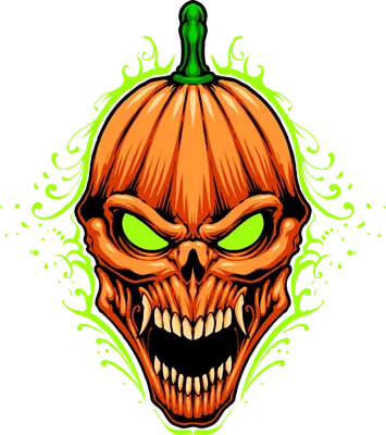 Hình minh họa đầu lâu bí ngô Halloween với mắt xanh phát sáng và răng nanh sắc nhọn, nền trang trí họa tiết xanh lá.