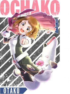 Hình ảnh Ochaco Uraraka từ anime My Hero Academia, đang bay với nụ cười rạng rỡ, trang phục anh hùng, có hoa và đá bay xung quanh.