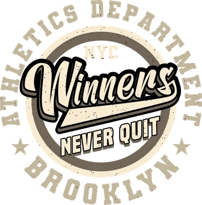 Hình in chữ Winners Never Quit với phong cách thể thao cổ điển, viền tròn Athletics Department Brooklyn.