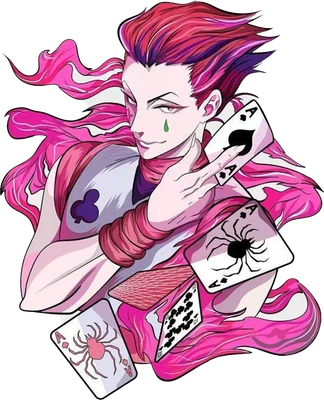 Hình ảnh nhân vật Hisoka từ Hunter x Hunter với mái tóc hồng nổi bật, cầm lá bài Át bích và nhện.