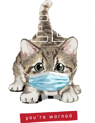 Hình ảnh chú mèo con màu nâu sọc đeo khẩu trang y tế màu xanh, phía trên có chữ 'KEEP AWAY' và phía dưới có chữ 'you're warned' trên nền xám.