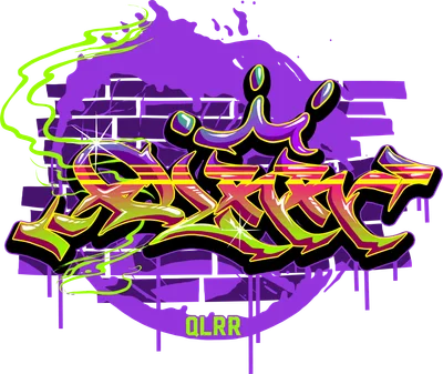 Hình in graffiti chữ EXOTIC màu neon rực rỡ trên nền tường gạch tím, phong cách đường phố năng động.